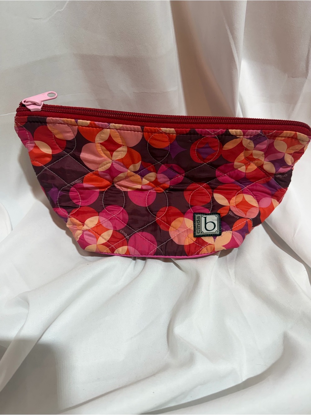 Cinda b Pink & Red Quilted Cosmetic Pouch